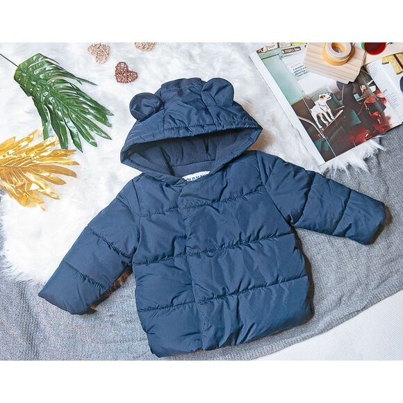 Old Navy Unisex Baby Puffer Coat 12–18M | Navy Coat with Bear Ear Hood - Picture 1 of 4